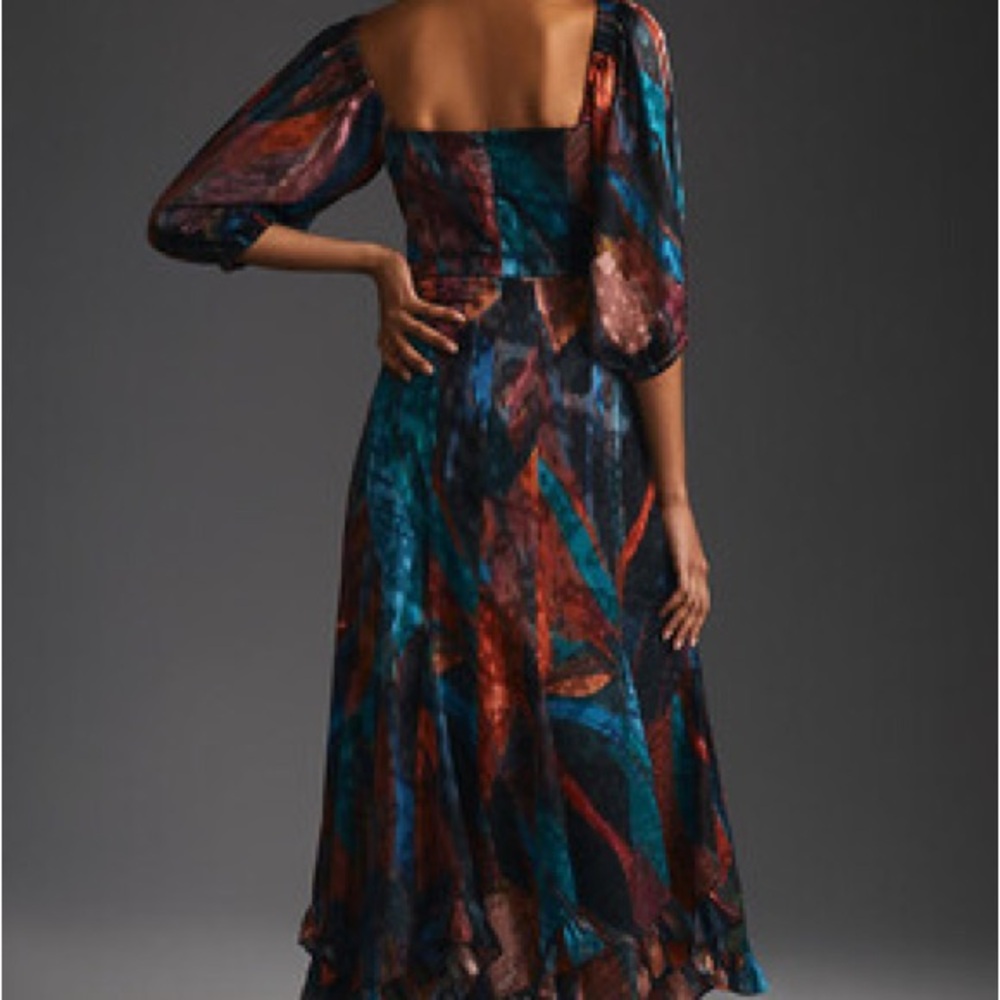 Hutch Twist-Front Puff Sleeve Ruffle Hem Multicolor Midi Dress by Anthropologie - Picture 2 of 8